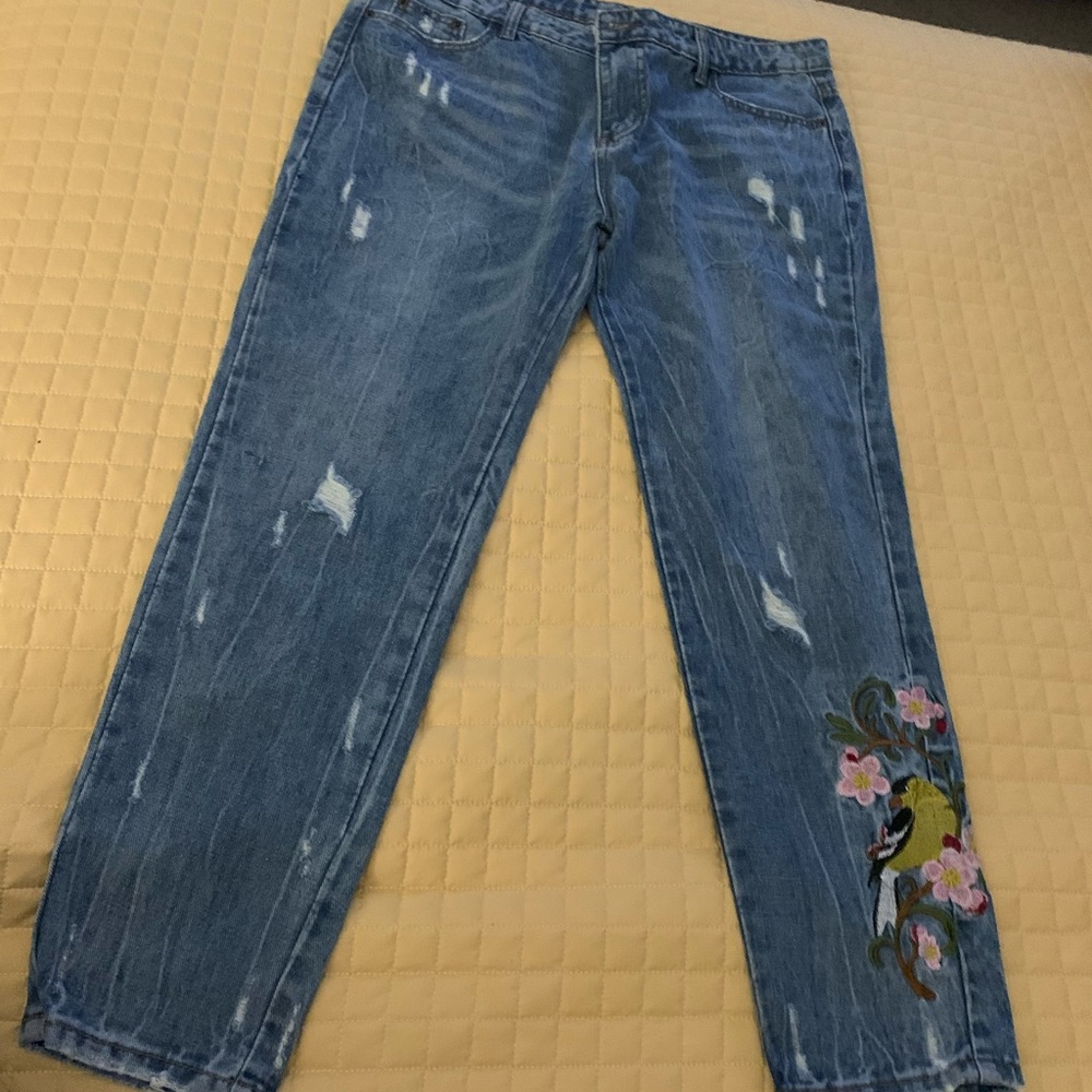 Jeans by Lalu- Embroidered bird/florals- ladies XL (US 14)- New- Cool jean— Cute